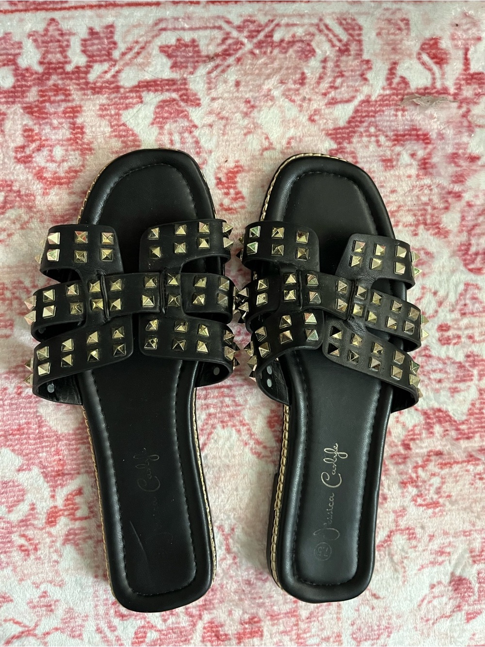 Black Studded Slide Sandals Size 7.5 Black and Gold Studs similar to Valentino